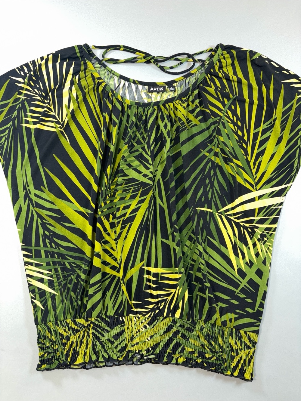 Apt. 9 Green Black Tropical Palm Print, Smocked Hem Band, Cap Sleeve Top